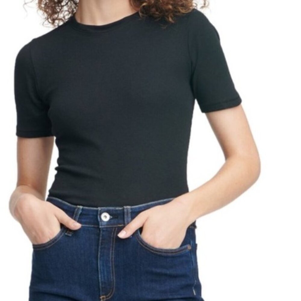 Rag & Bone Kari Black Ribbed Crewneck Cotton Blend T-Shirt. XS/S